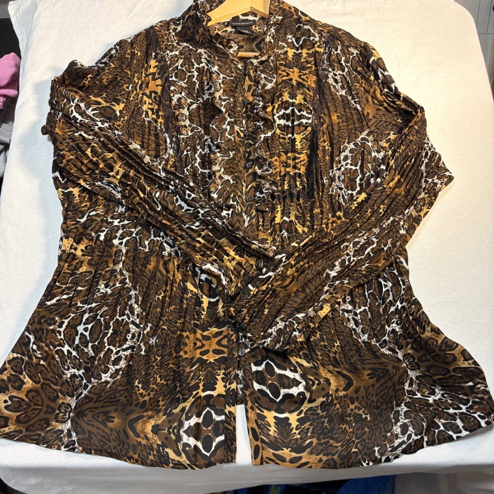 Lane Bryant Blouse, Leopard Print Pleated Ruffle Top, Brown, 26/28